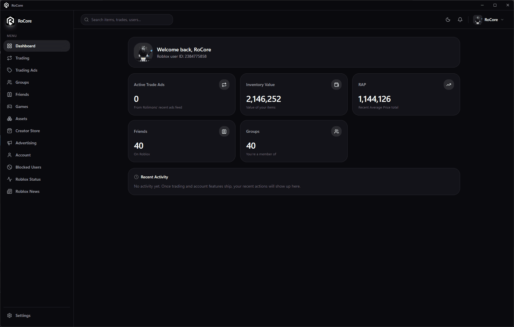 RoCore dashboard showing trade ads, inventory value, friends, and groups
